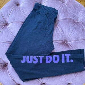 NIKE- WOMENS - BLACK COTTON LEGGINGS W/ PURPLE LOGO "JUST DO IT"
